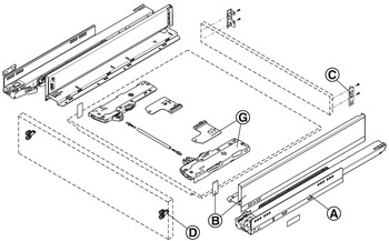Zásuvka s korpusovou lištou Blumotion S, jednotkou Tip-On Blumotion a unašečem ⓖ (integrovaný mechanismus tlumeného zavírání a automatický otevírací mechanismus Tip-On)