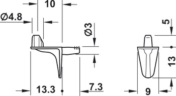 Podpěrka police, k nasunutí do vrtaného otvoru ⌀ 3 mm, zinková slitina