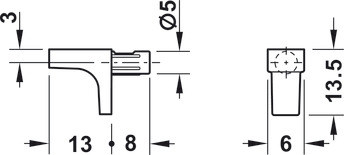 Podpěrka police, Pro dřevo nebo sklo, k nasunutí do vyvrtaného otvoru Ø 5 mm