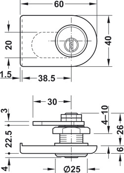Jazýčkový zámek pro skleněné dveře, S vložkou s pinovými stavítky, backset 38,5 mm, přizpůsobený standardní profil