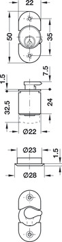 Tlačný a otočný zámek, S vložkou s pinovými stavítky, pro dřevěné posuvné dveře, standardní profil