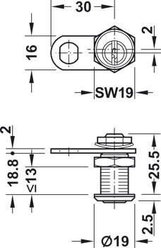 Jazýčkový zámek, S vložkou s pinovými stavítky, uchycení maticí, tloušťka dveří ≤13 mm, individuální