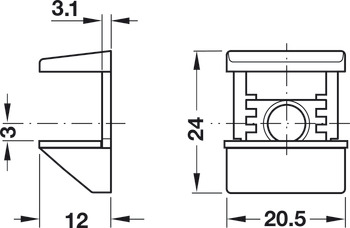 Podpěrka police, k přišroubování do vrtaného otvoru ⌀ 3 mm nebo 5 mm, zinková slitina s plastovým držákem