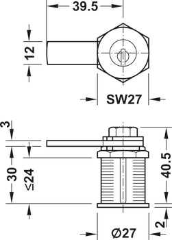 jazýčkový zámek, Kaba 8, s vložkou s pinovými stavítky, uchycení maticí, tloušťka dveří ≤24 mm, individuální uzamykací systém HK/GHK