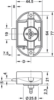 Trojcestný zámek, Häfele Push-Lock, backset 25 mm, lze ovládat z jedné strany