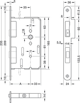 Zadlabací rozvorový zámek, pro únikové cesty a panikové prostory, B 2390, profilová vložka, BKS, backset 65 mm