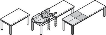 Kolečkové výsuvy, Pro 1 nebo 2 sklopné vkládací desky, pro stoly bez rámové konstrukce