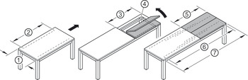 Kuličkové výsuvy, pro 2 nebo 3 sklopné vkládací desky, asynchronní, pro stoly bez rámové konstrukce
