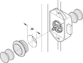 Trojcestný zámek, Häfele Push-Lock, backset 25 mm, lze ovládat z obou stran, bez odpružené střelky