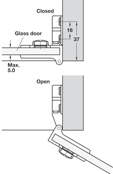 Závěs pro skleněné dveře, Úhel otevření 170°, vložená montáž