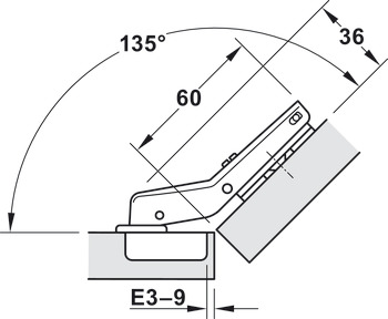 Nábytkový závěs, Häfele Metalla 510 SM 94°, pro rohové aplikace 45°, polonaložená montáž